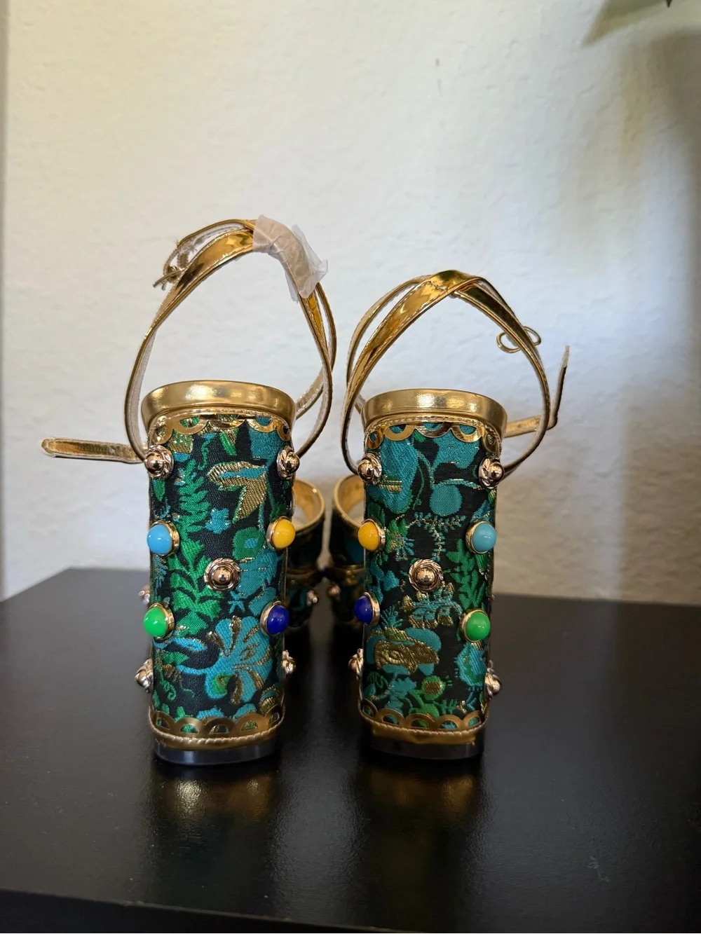BAMBOO Gold-Trim Emerald Floral Platform Sandals